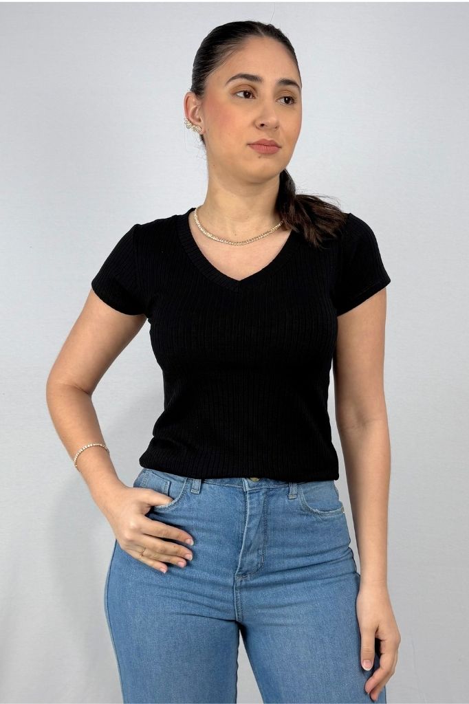 Blusa Feminina Gola V em Viscose Canelado