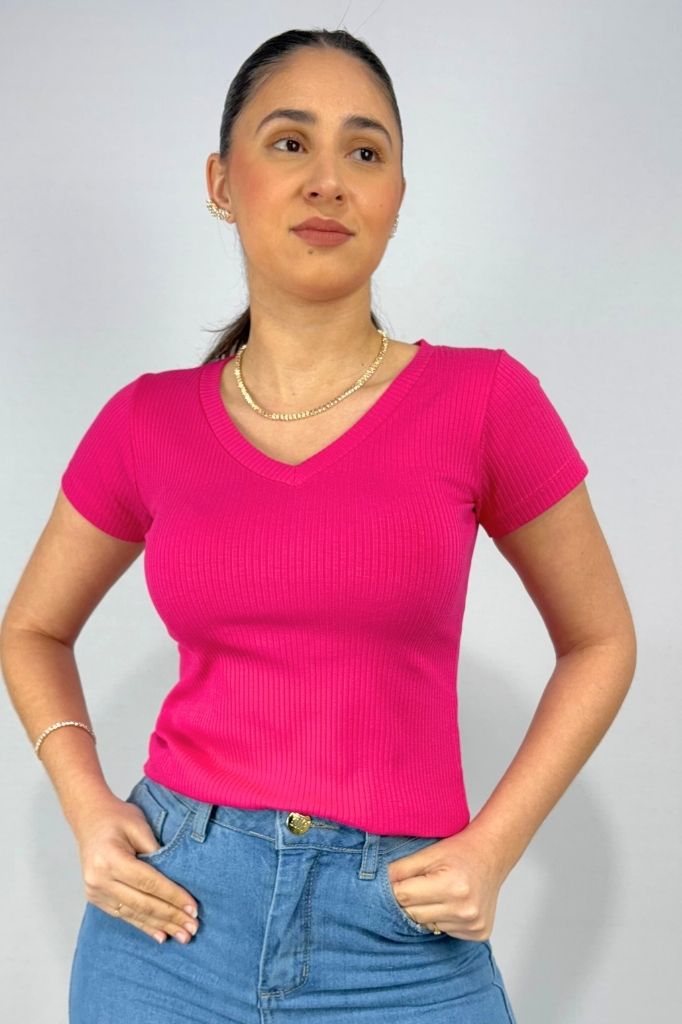 Blusa Feminina Gola V em Viscose Canelado