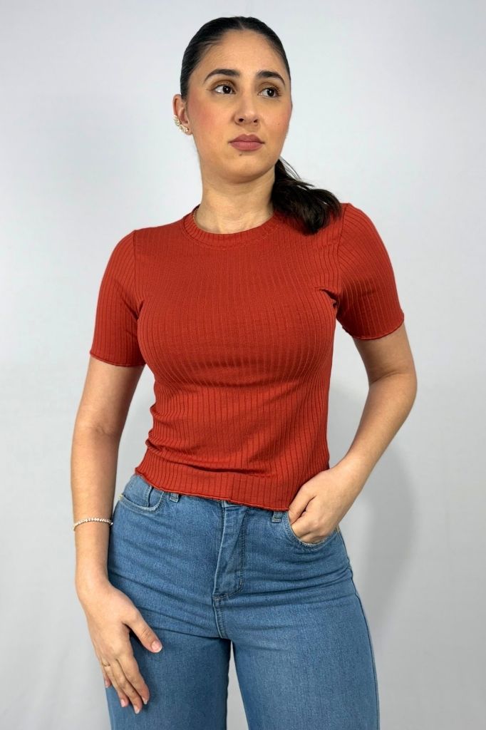 Blusa Feminina com Manga Frufru em Viscose Canelado