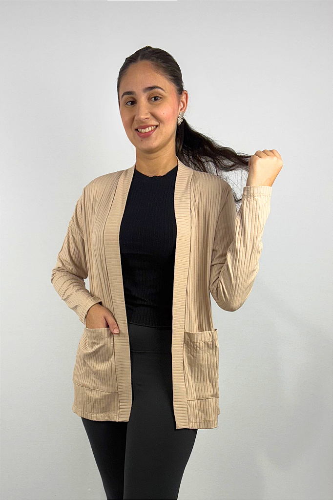 Cardigan com Bolsos em Viscose Canelado
