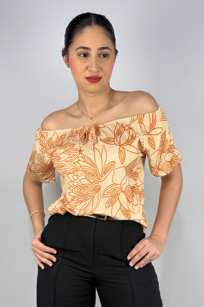 Blusa Feminina Ciganinha com Detalhe Frontal em Viscolycra e Estampa Digital