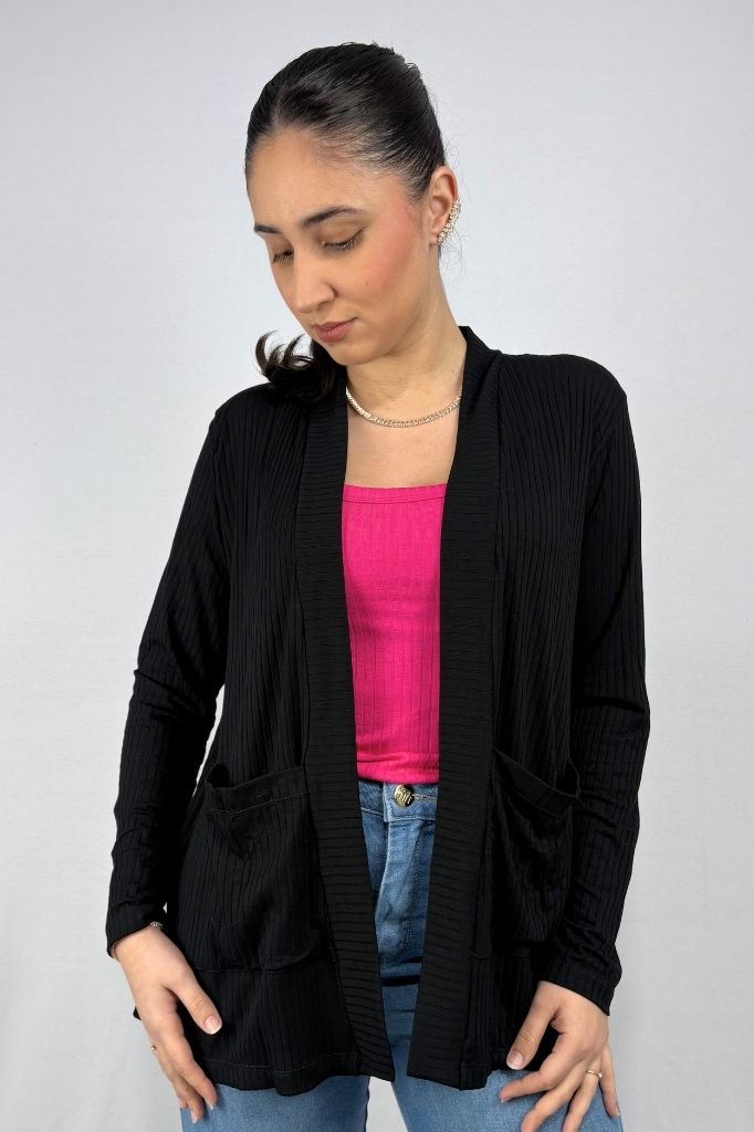 Cardigan com Bolsos em Viscose Canelado