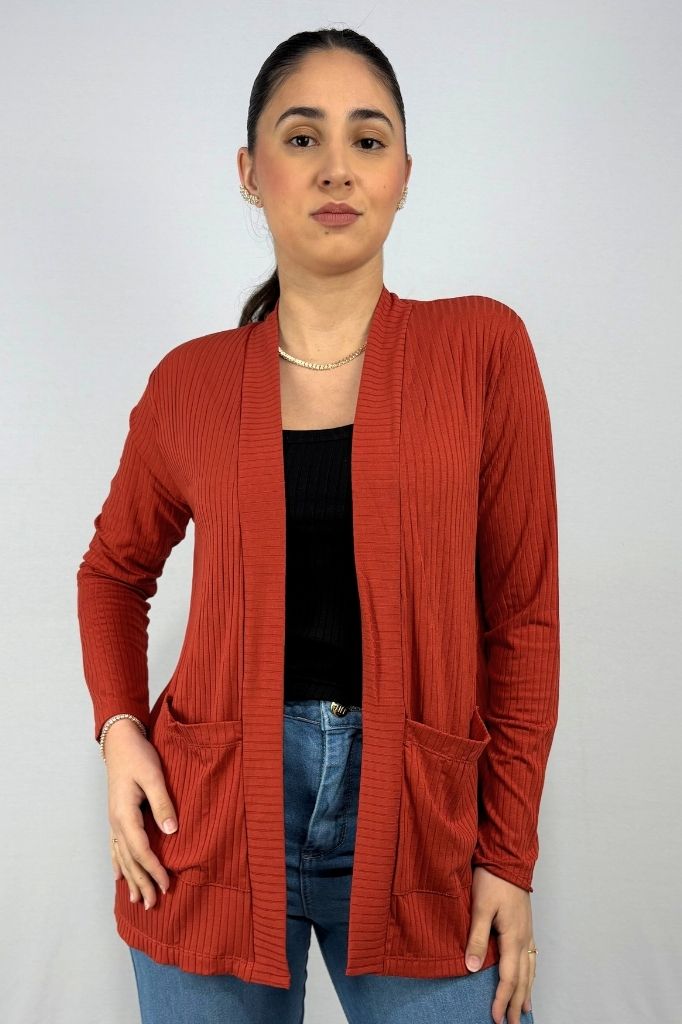 Cardigan com Bolsos em Viscose Canelado