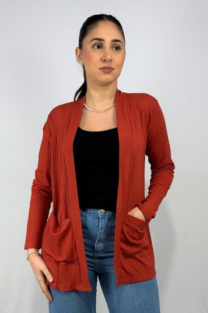 Cardigan com Bolsos em Viscose Canelado