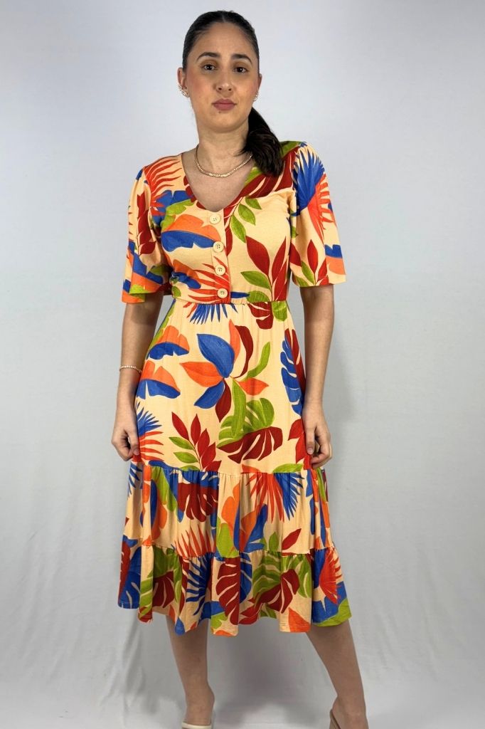Vestido Estampado com Detalhe em Botões em Viscolycra e Estampa Digital