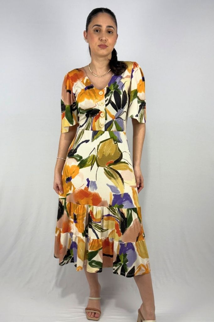Vestido Estampado com Detalhe em Botões em Viscolycra e Estampa Digital
