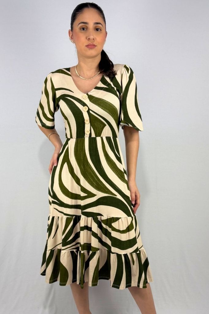 Vestido Estampado com Detalhe em Botões em Viscolycra e Estampa Digital