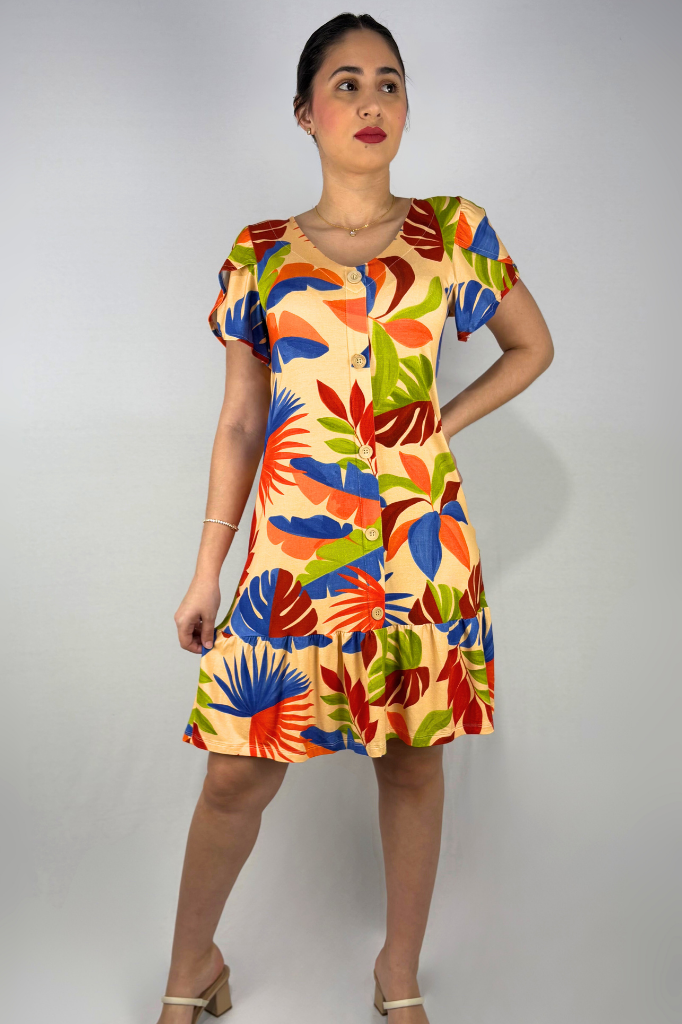 Vestido Curto com Babado e Detalhe Frontal com Botões em Viscolycra e Estampa Digital