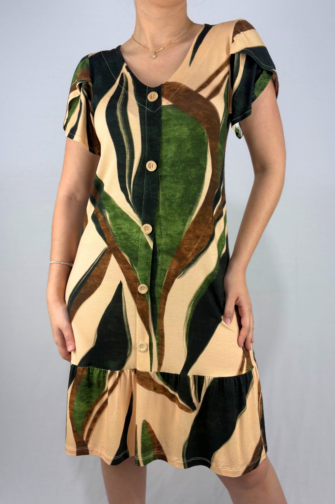 Vestido Curto com Babado e Detalhe Frontal com Botões em Viscolycra e Estampa Digital