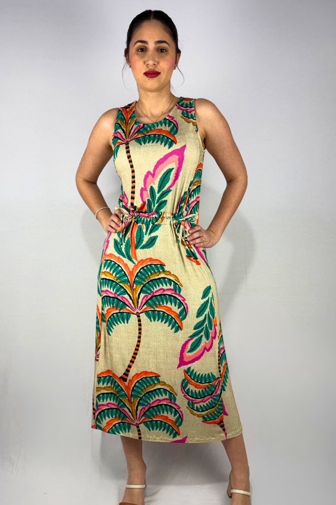 Vestido Longo Estampado com Detalhe de Amarração Frontal em Viscolycra e Estampa Digital