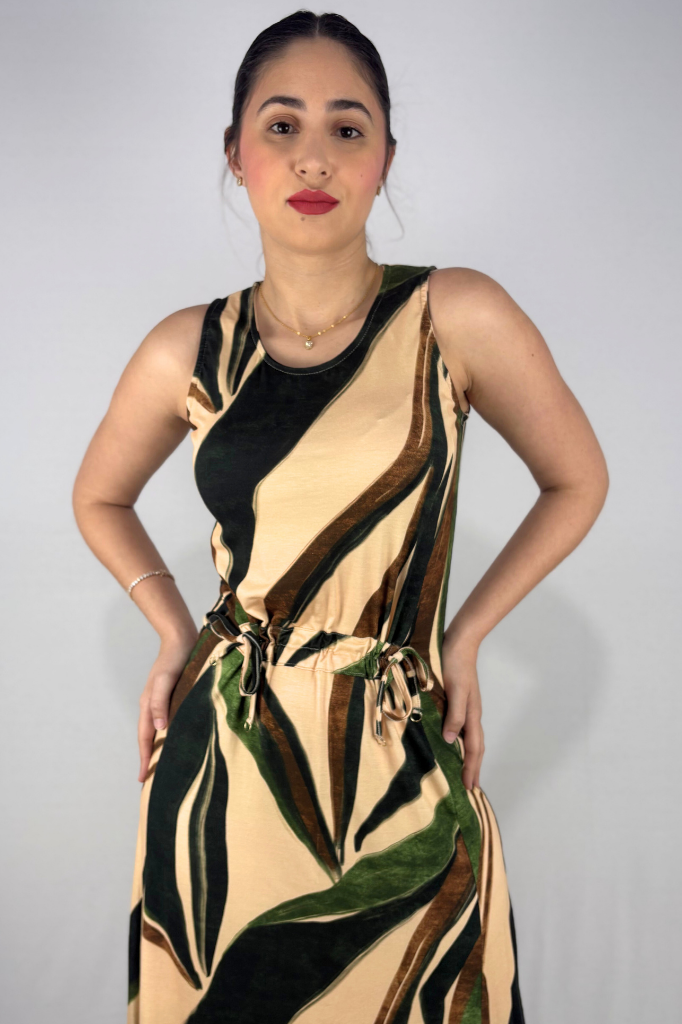 Vestido Longo Estampado com Detalhe de Amarração Frontal em Viscolycra e Estampa Digital