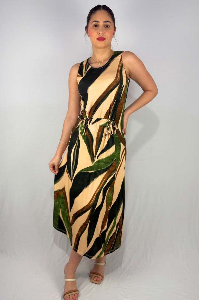 Vestido Longo Estampado com Detalhe de Amarração Frontal em Viscolycra e Estampa Digital