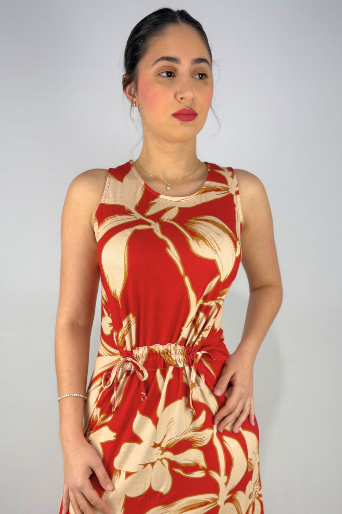Vestido Longo Estampado com Detalhe de Amarração Frontal em Viscolycra e Estampa Digital