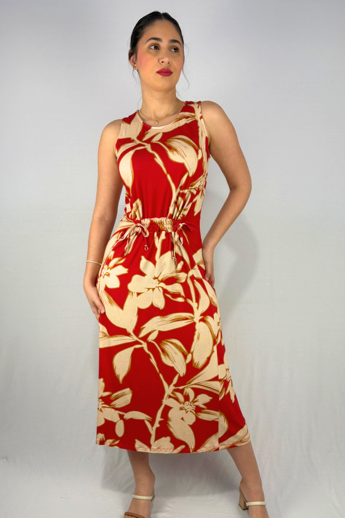 Vestido Longo Estampado com Detalhe de Amarração Frontal em Viscolycra e Estampa Digital