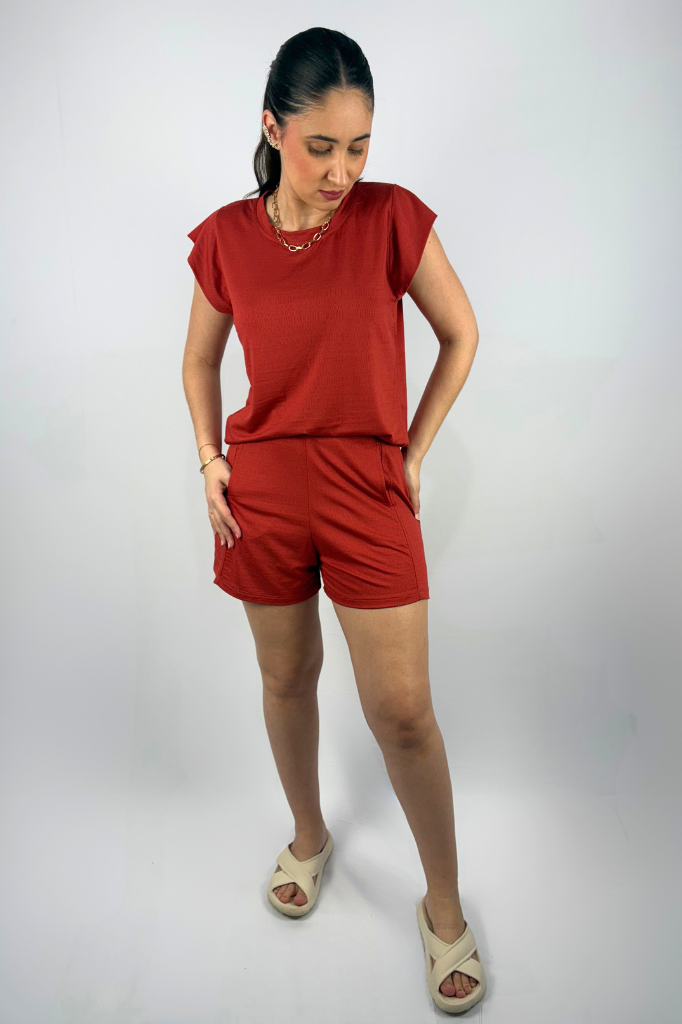 Conjunto Feminino Perondy Blusa e Shorts com Bolso Frontal em Viscolycra Maquinetado