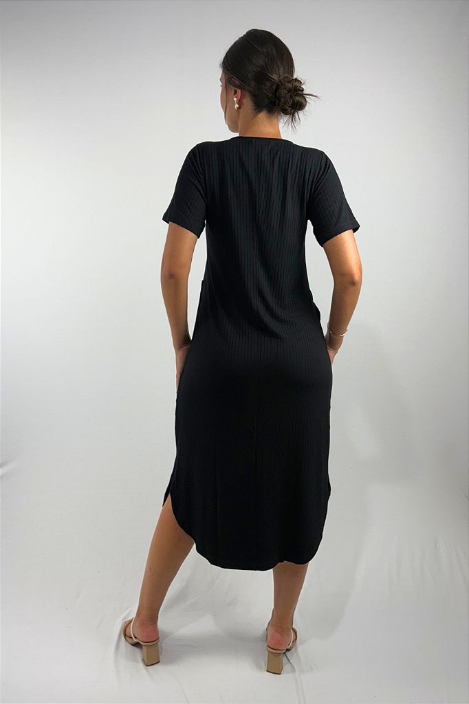 Vestido Midi com Bolsos e Fenda Lateral em Viscose Canelado