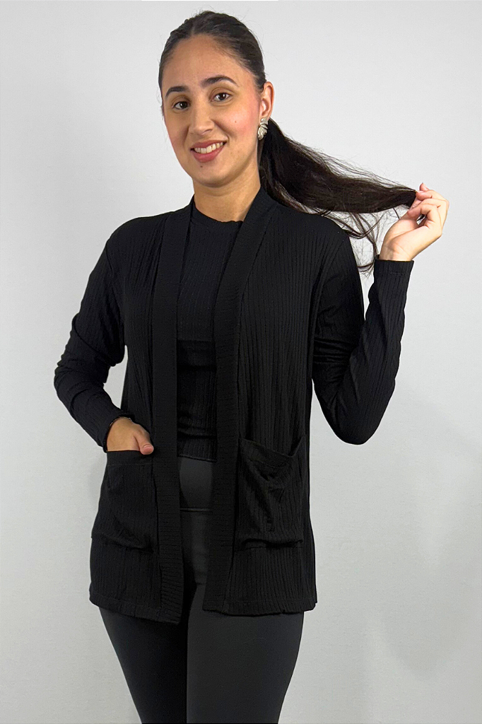 Cardigan com Bolsos em Viscose Canelado