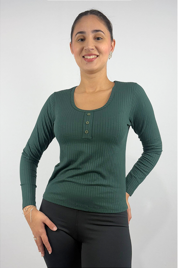 Blusa Manga Comprida com Detalhes de Botões em Viscose Canelado