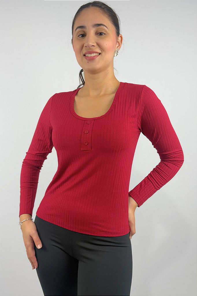 Blusa Manga Comprida com Detalhes de Botões em Viscose Canelado