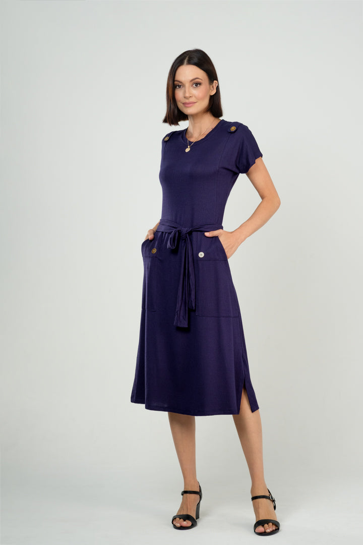 Vestido Midi com Bolsos e Detalhe com Botões em Viscolycra Maquinetado