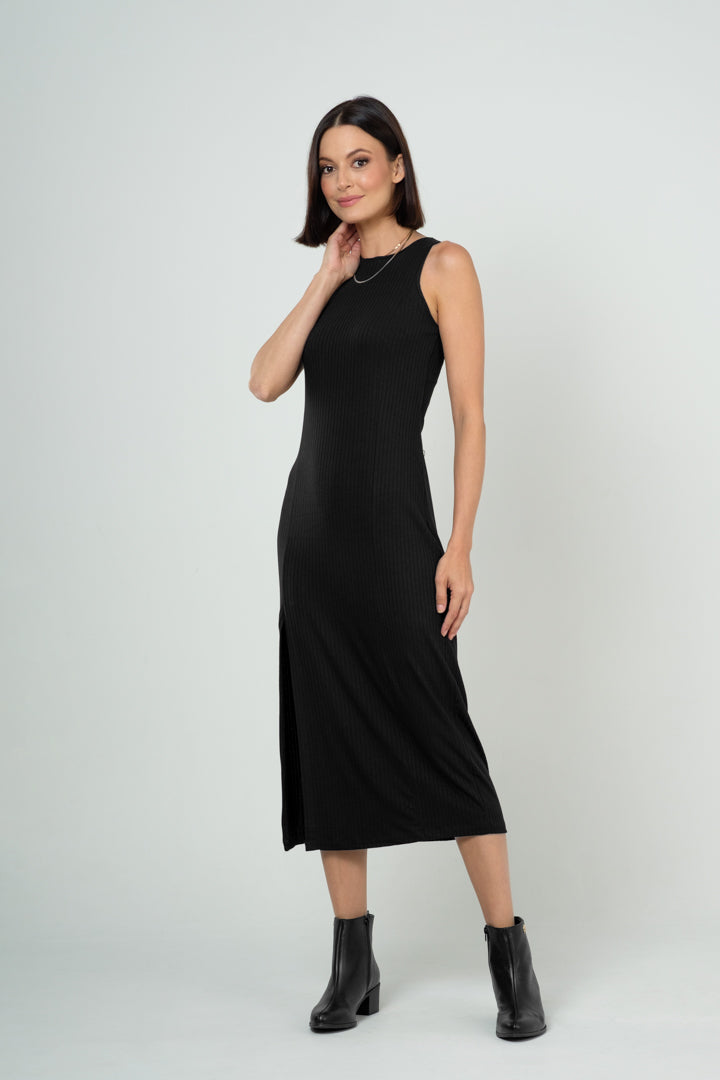 Vestido Midi com Fenda Lateral em Viscose Canelado