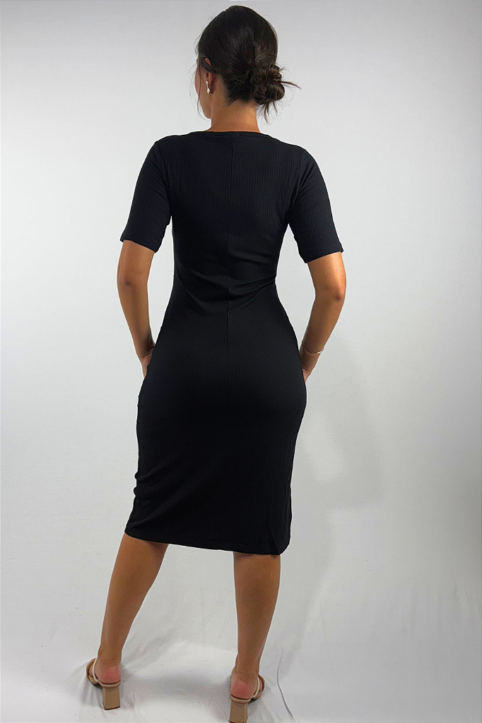 Vestido Midi com Detalhe de Amarração Frontal em Viscose Canelado