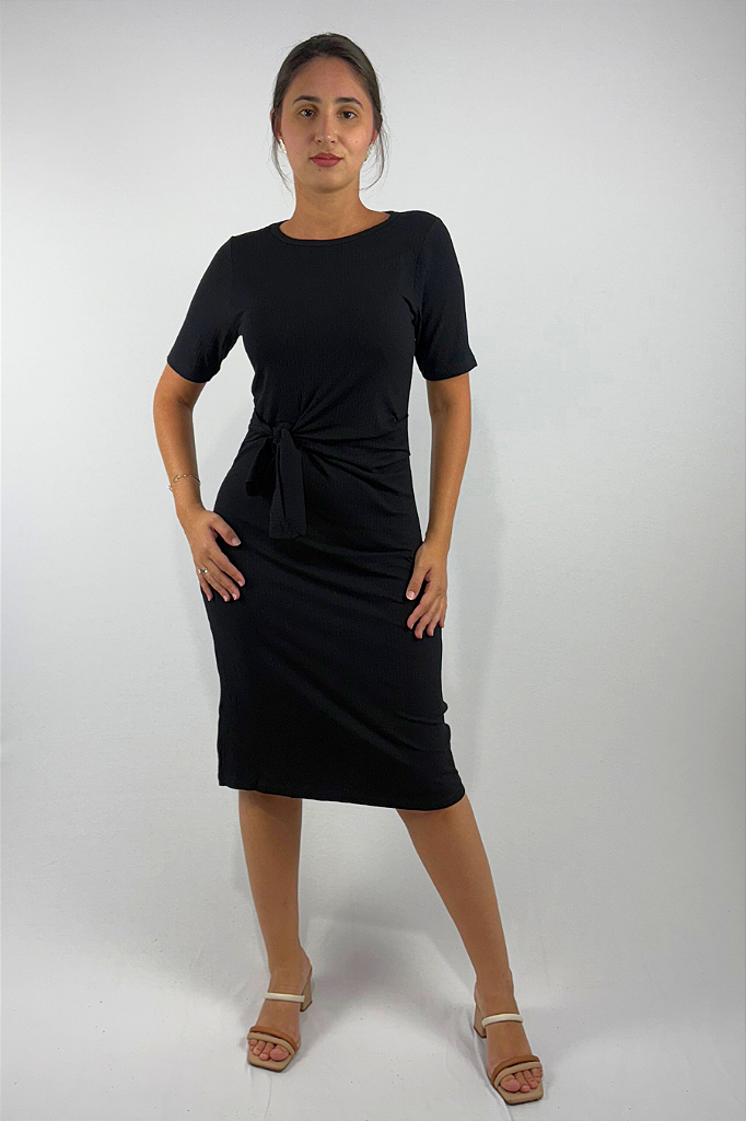 Vestido Midi com Detalhe de Amarração Frontal em Viscose Canelado