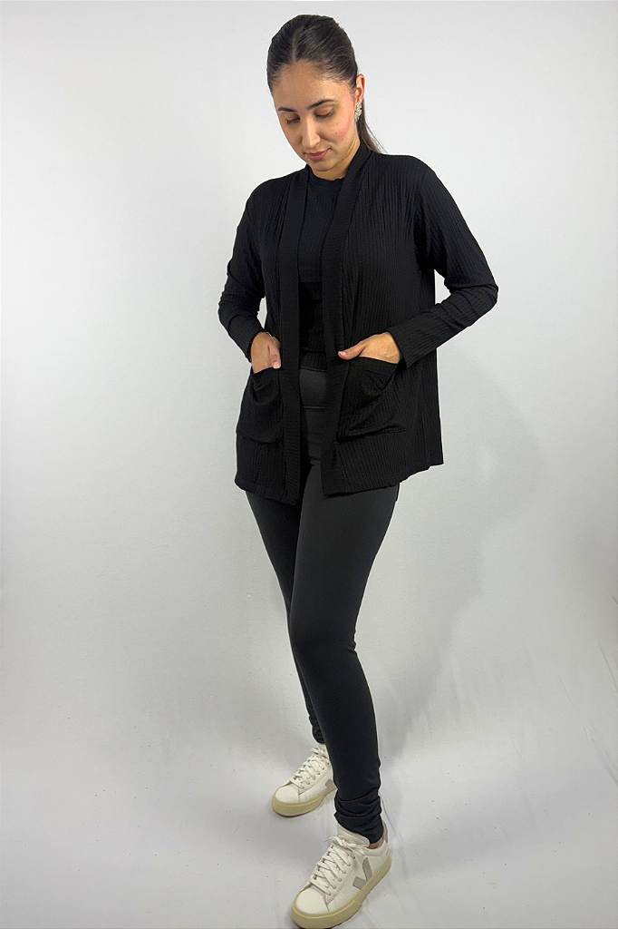 Cardigan com Bolsos em Viscose Canelado