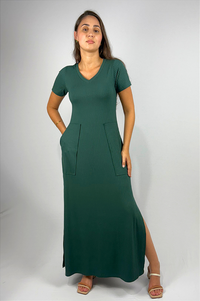 Vestido Longo com Bolso e Fenda Lateral em Viscose Canelado