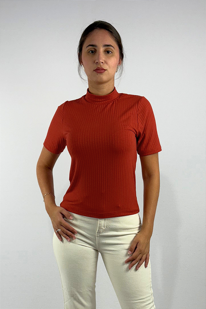 Blusa Feminina Manga Curta e Gola Alta em Viscose Canelado