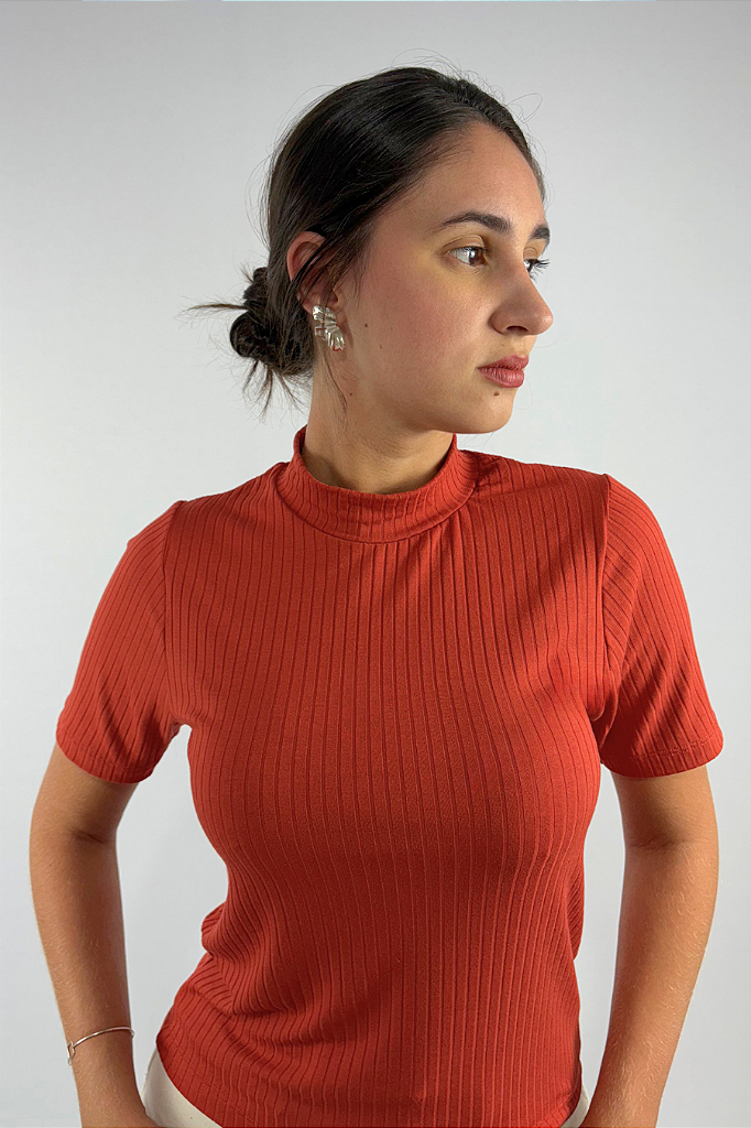 Blusa Feminina Manga Curta e Gola Alta em Viscose Canelado