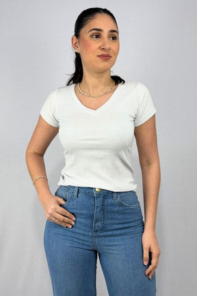 Blusa Feminina Gola V em Viscose Canelado