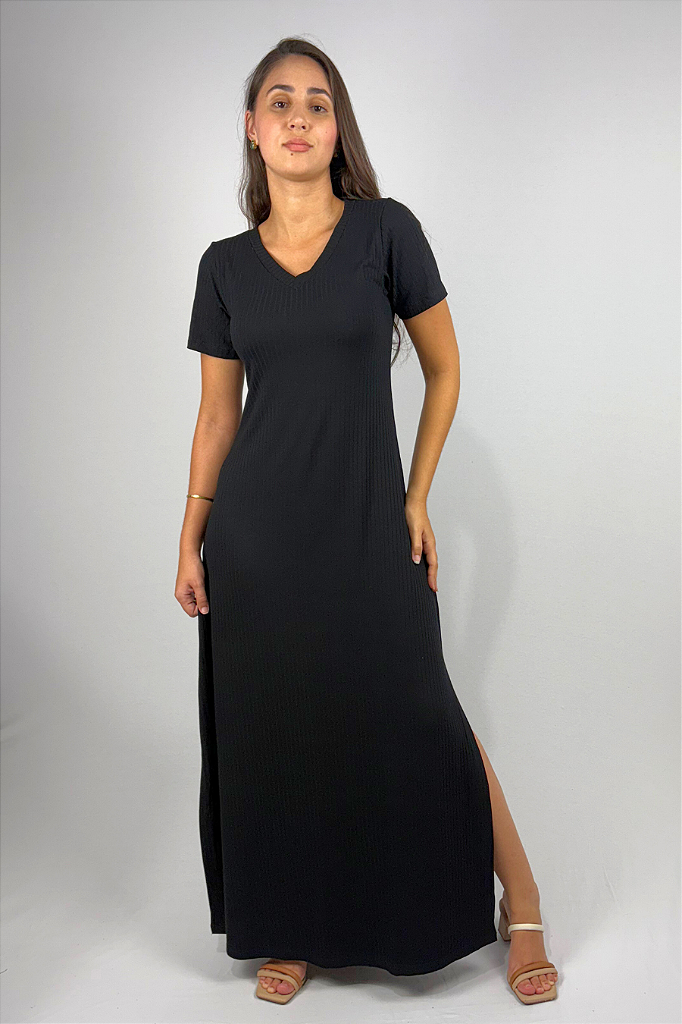 Vestido Longo com Bolso e Fenda Lateral em Viscose Canelado
