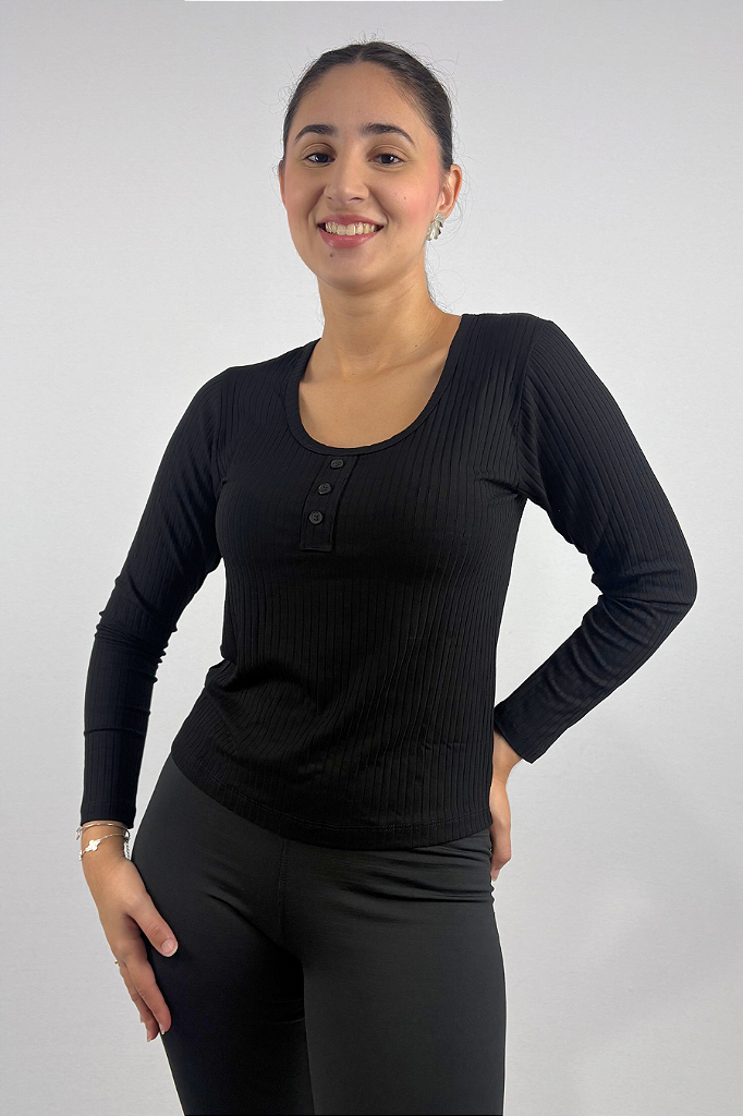 Blusa Manga Comprida com Detalhes de Botões em Viscose Canelado