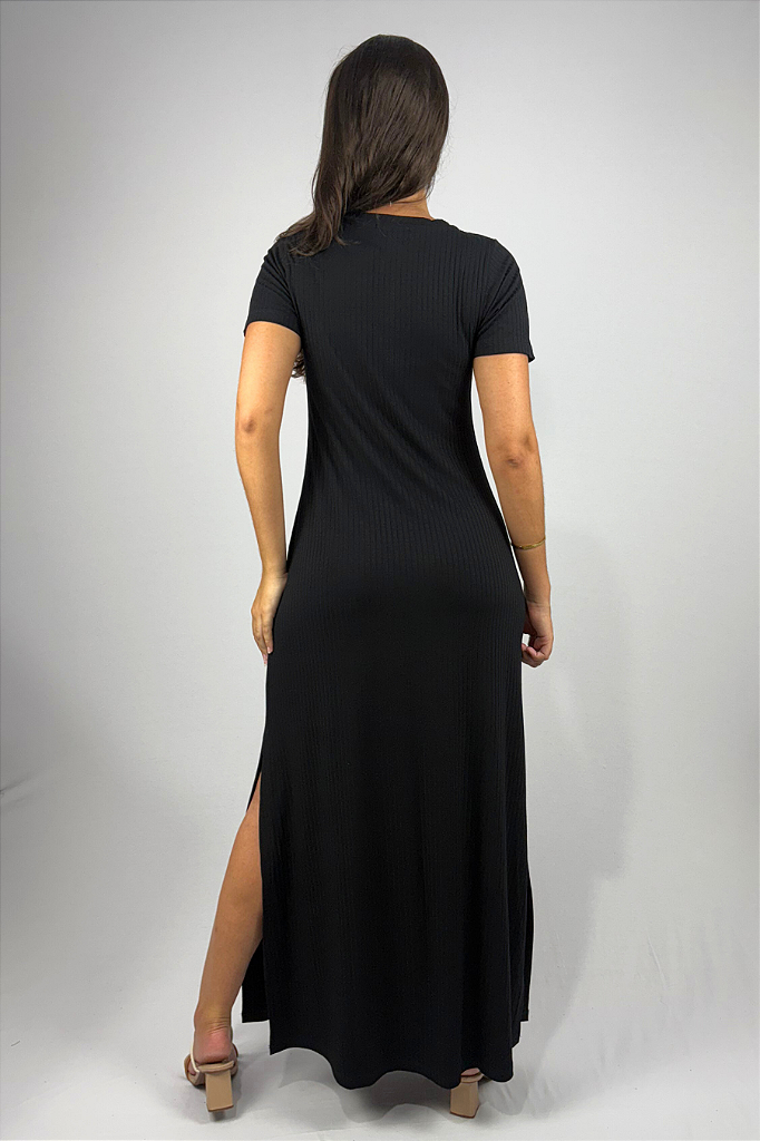 Vestido Longo com Bolso e Fenda Lateral em Viscose Canelado