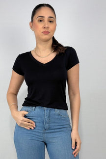 Blusa Básica Feminina Decote V em Malha Viscolycra