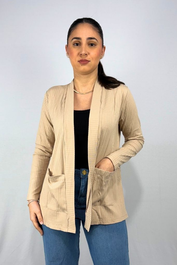 Cardigan com Bolsos em Viscose Canelado
