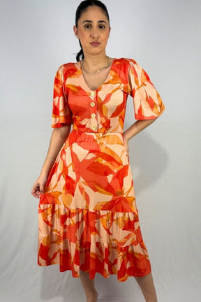Vestido Estampado com Detalhe em Botões em Viscolycra e Estampa Digital