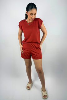 Conjunto Feminino Perondy Blusa e Shorts com Bolso Frontal em Viscolycra Maquinetado