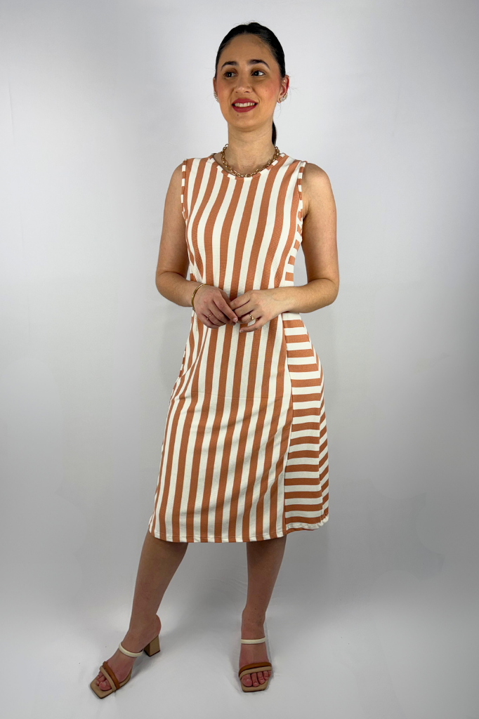 Vestido Midi Listrado com Cinto em Viscose Canelado Premium