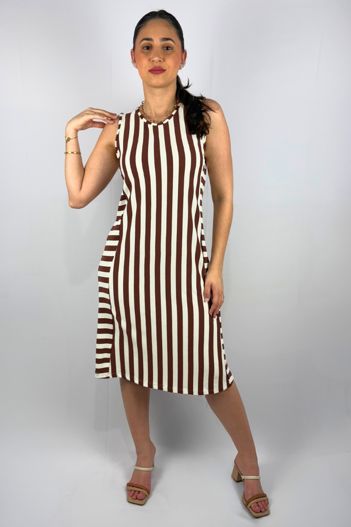 Vestido Midi Listrado com Cinto em Viscose Canelado Premium