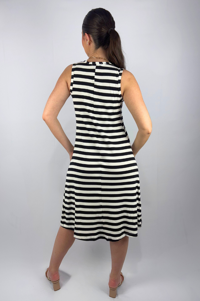 Vestido Midi Listrado com Cinto em Viscose Canelado Premium