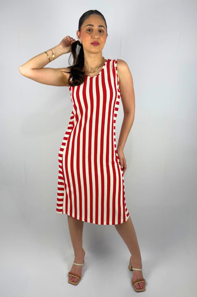 Vestido Midi Listrado com Cinto em Viscose Canelado Premium