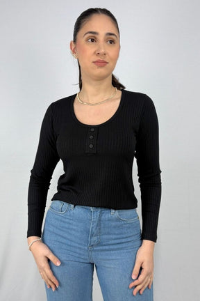 Blusa Manga Comprida com Detalhes de Botões em Viscose Canelado