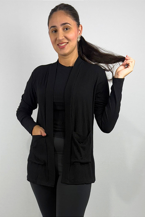 Cardigan com Bolsos em Viscose Canelado