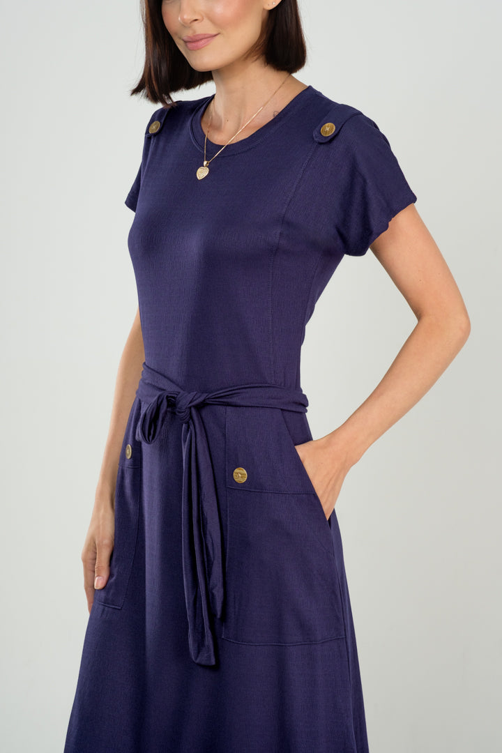 Vestido Midi com Bolsos e Detalhe com Botões em Viscolycra Maquinetado