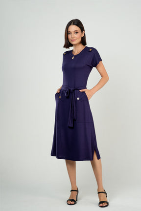 Vestido Midi com Bolsos e Detalhe com Botões em Viscolycra Maquinetado