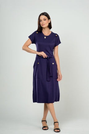 Vestido Midi com Bolsos e Detalhe com Botões em Viscolycra Maquinetado