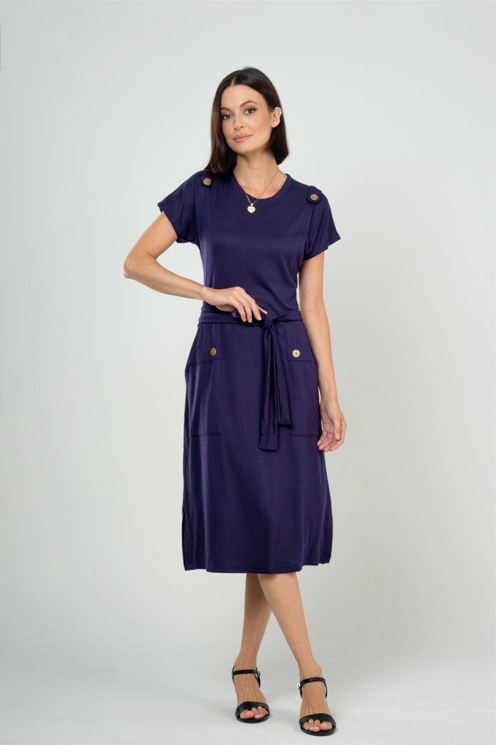 Vestido Midi com Bolsos e Detalhe com Botões em Viscolycra Maquinetado