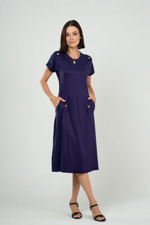 Vestido Midi com Bolsos e Detalhe com Botões em Viscolycra Maquinetado